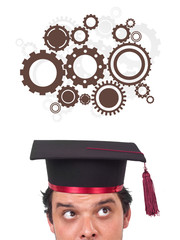 Young person looking at idea type of sign