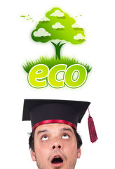 Young head looking at green eco sign