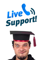 Young head looking at support contact type of icons and signs