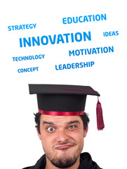 Young persons head looking at business icons and images