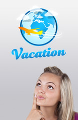 Young girl looking at vacation type of sign