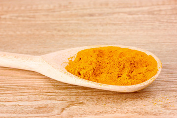 pepper spice on the spoon on wooden background