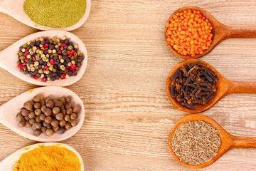spices in the spoons on wooden background