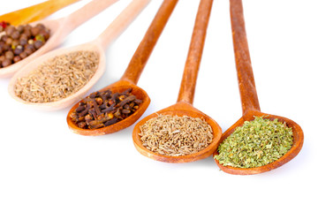 spices in the spoons isolated on white