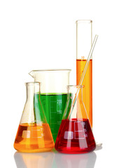 test tubes with colorful liquids isolated on white