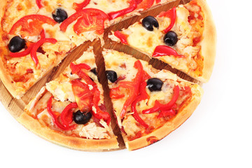Pizza with olives and tomatoes closeup