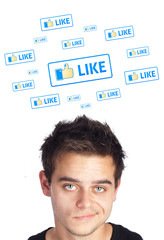 Young head looking at social type of icons and signs