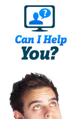 Young head looking at support contact type of icons and signs