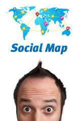 Young head looking at social type of icons and signs