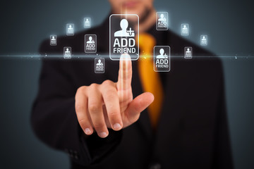 Businessman pressing modern social type of icons