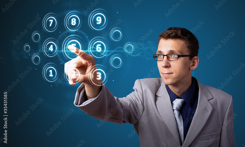 Poster businessman pressing high tech type of modern buttons