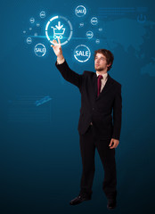 Businessman pressing virtual promotion and shipping type of icon