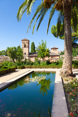 Alhambra de Granada. Convento de S. Francisco behind a pond