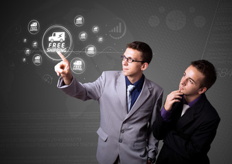 Businessman pressing virtual promotion and shipping type of icon