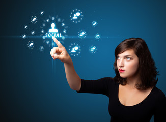 Businesswoman pressing modern social type of icons