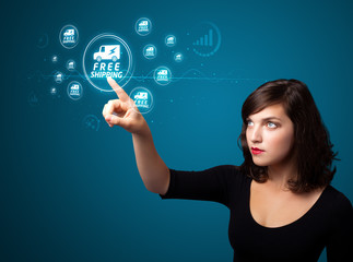 Businesswoman pressing virtual promotion and shipping type of ic