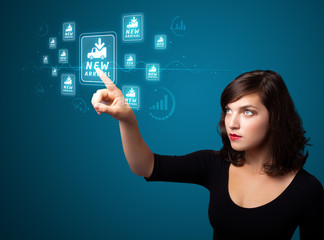 Businesswoman pressing virtual promotion and shipping type of ic