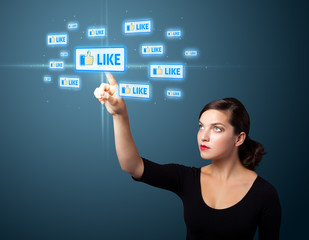 Businesswoman pressing modern social type of icons