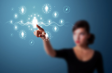 Businesswoman pressing modern social type of icons