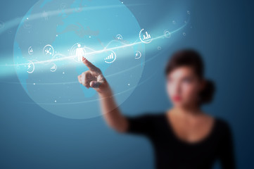 Businesswoman pressing modern social type of icons