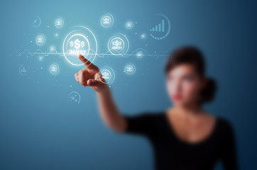 Businesswoman pressing modern business type of buttons