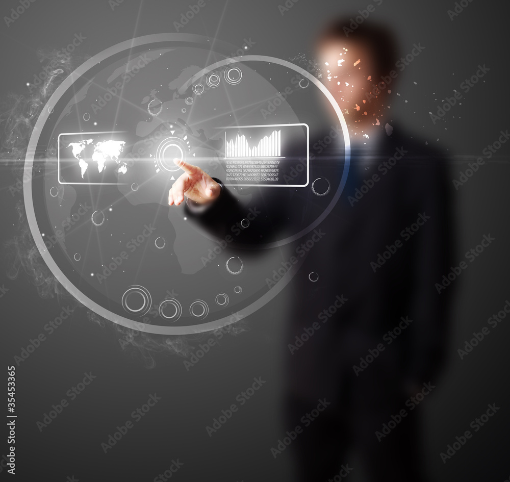 Poster Businessman pressing high tech type of modern buttons