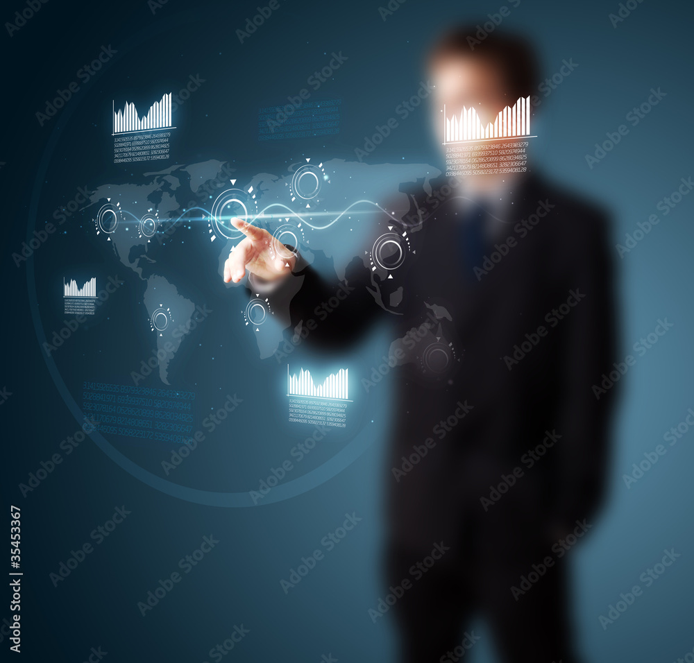 Poster businessman pressing high tech type of modern buttons