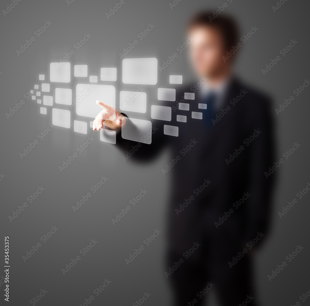 Poster businessman pressing high tech type of modern buttons