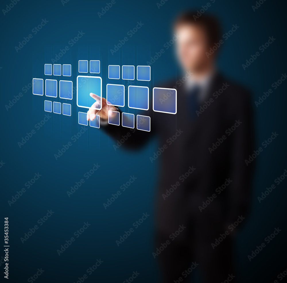 Poster businessman pressing high tech type of modern buttons