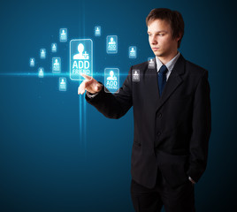 Businessman pressing modern social type of icons