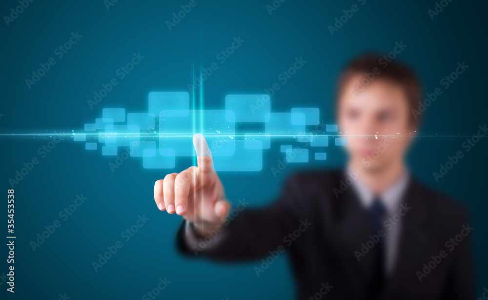 Poster businessman pressing high tech type of modern buttons