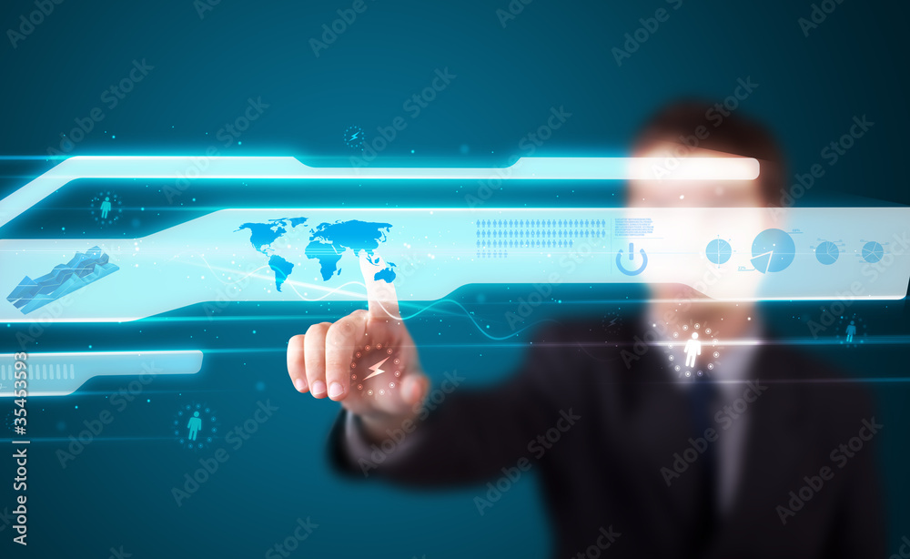 Poster businessman pressing high tech type of modern buttons