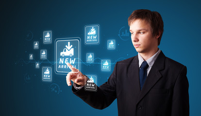Businessman pressing virtual promotion and shipping type of icon