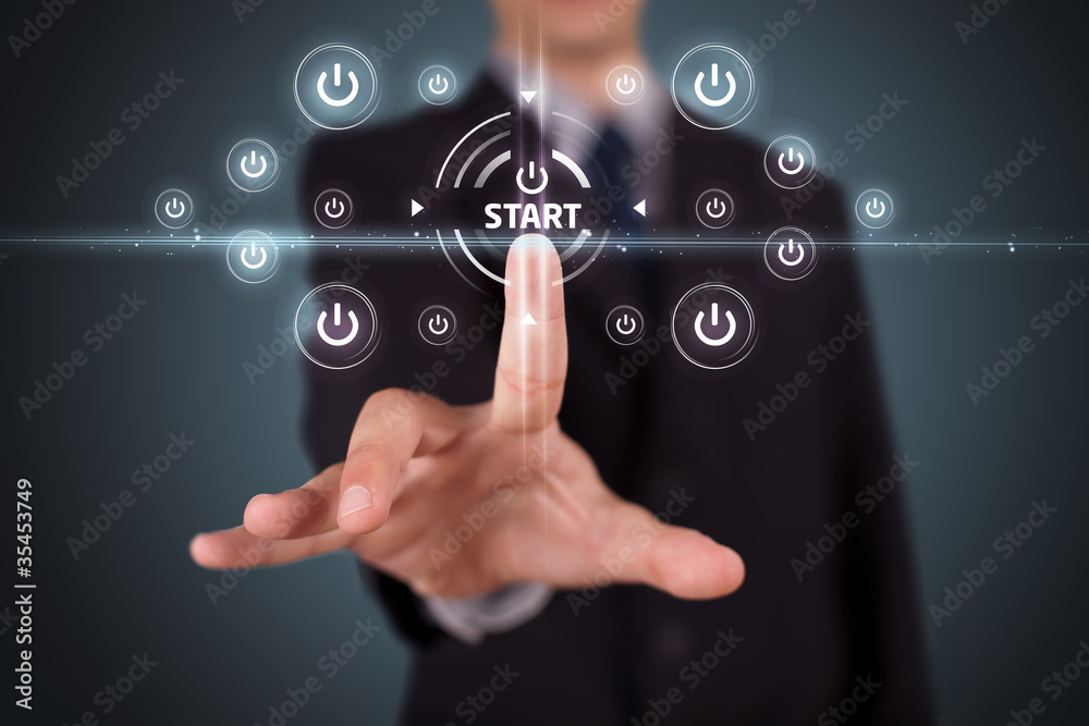 Poster businessman pressing simple type of start buttons