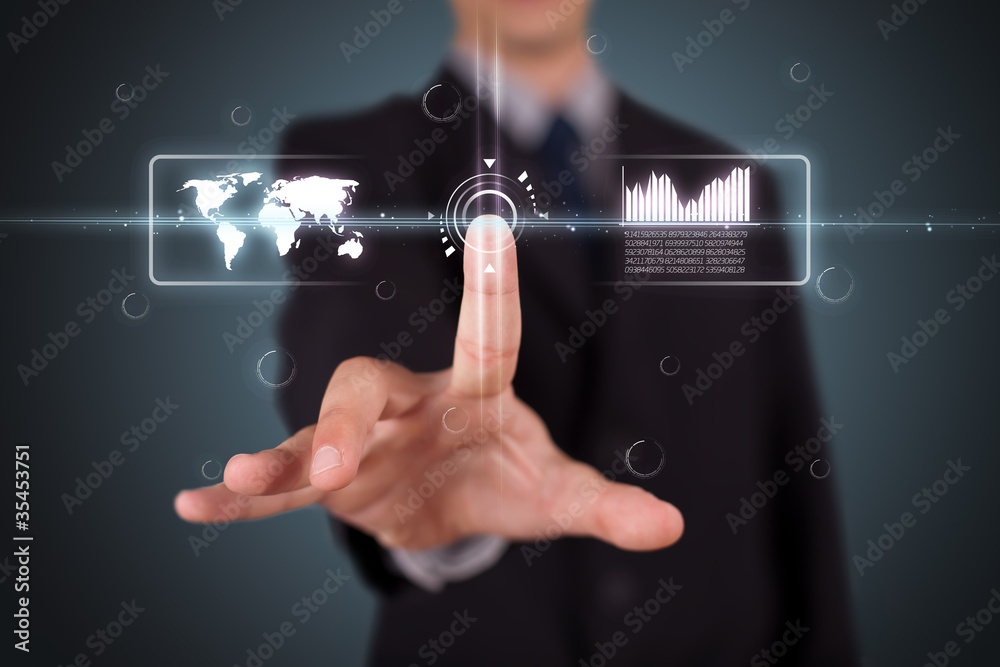 Poster businessman pressing high tech type of modern buttons