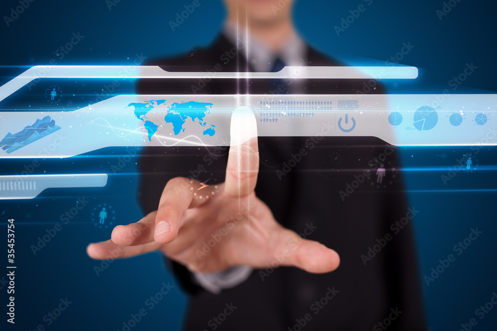 Poster businessman pressing high tech type of modern buttons