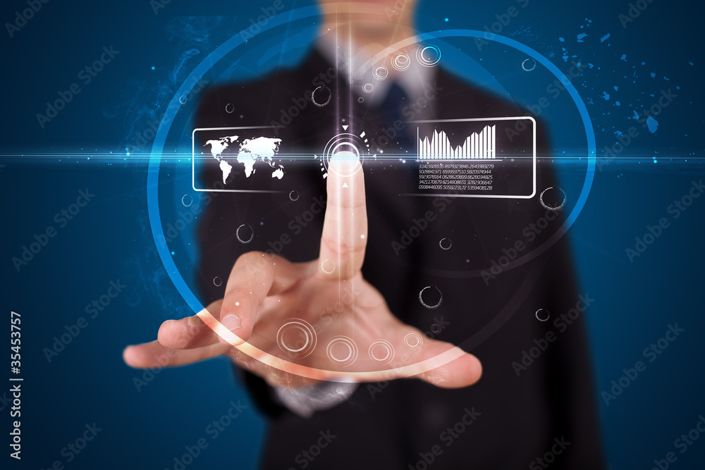 Poster businessman pressing high tech type of modern buttons