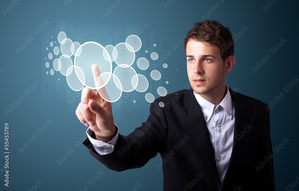 Poster businessman pressing high tech type of modern buttons