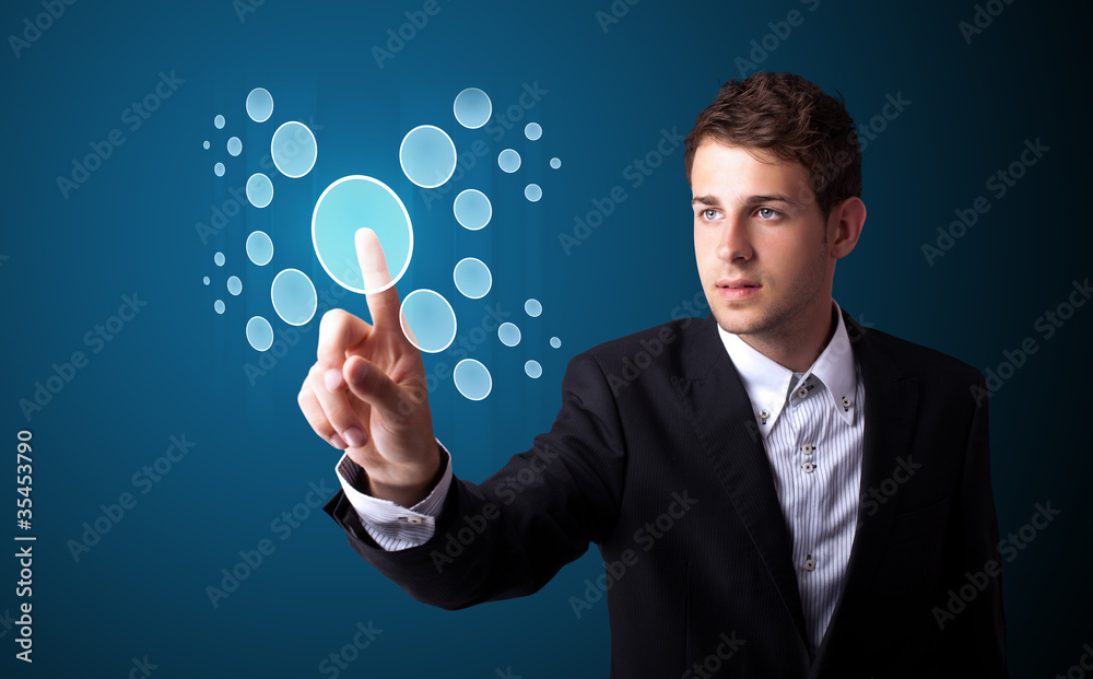 Poster businessman pressing high tech type of modern buttons