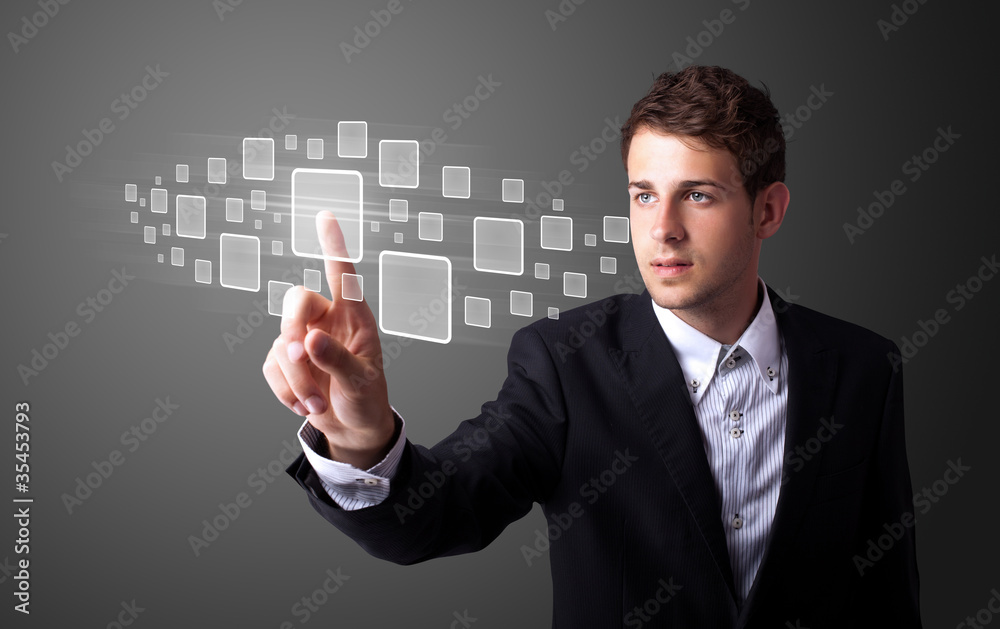 Poster businessman pressing high tech type of modern buttons