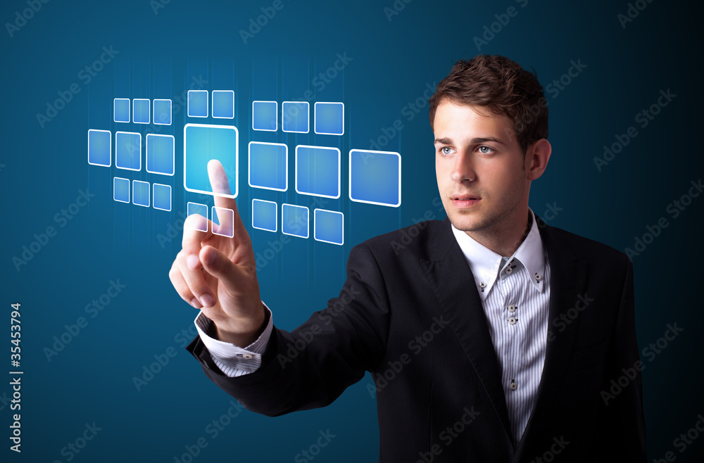 Poster businessman pressing high tech type of modern buttons