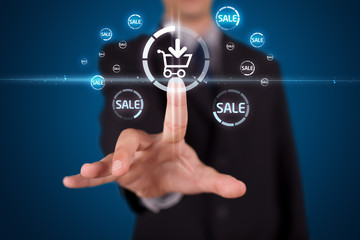 Businessman pressing virtual promotion and shipping type of icon