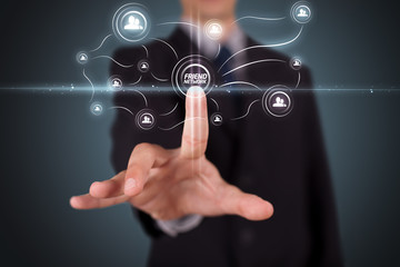 Businessman pressing modern social type of icons