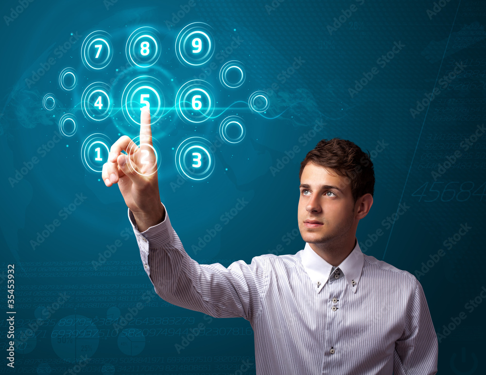 Poster businessman pressing high tech type of modern buttons