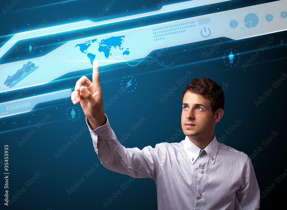 Poster businessman pressing high tech type of modern buttons
