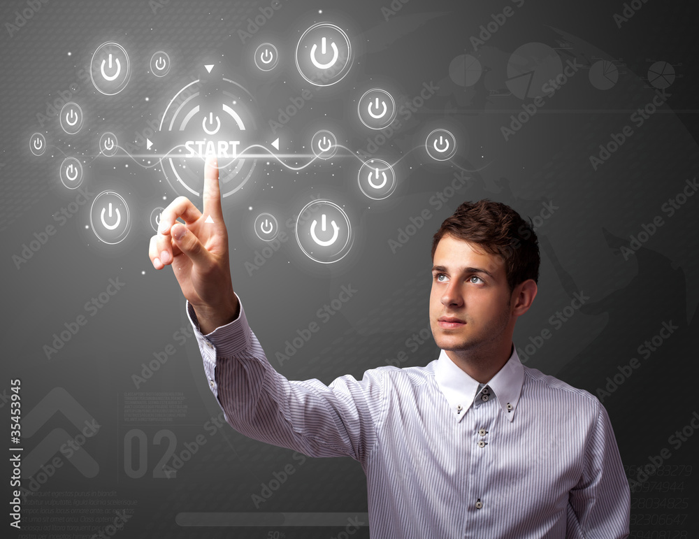 Poster businessman pressing simple type of start buttons