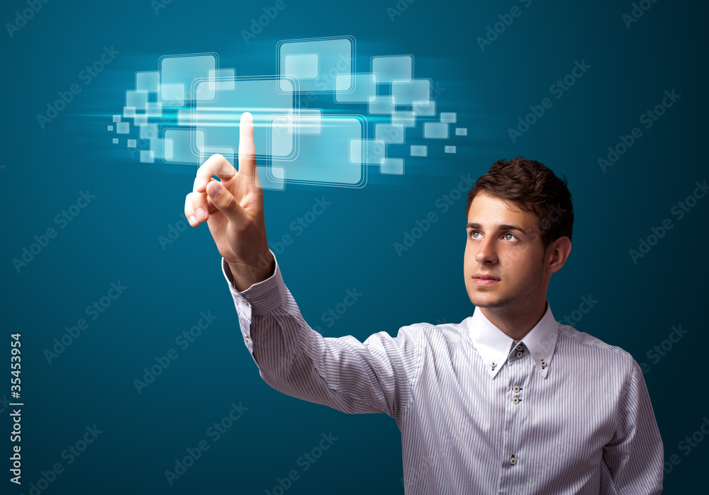 Poster businessman pressing high tech type of modern buttons