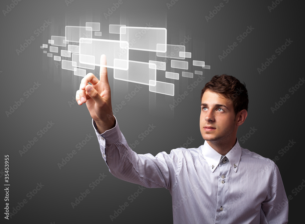 Poster businessman pressing high tech type of modern buttons