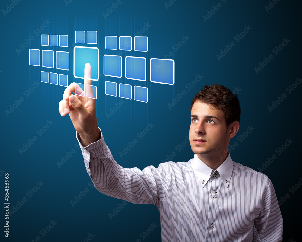 Poster businessman pressing high tech type of modern buttons