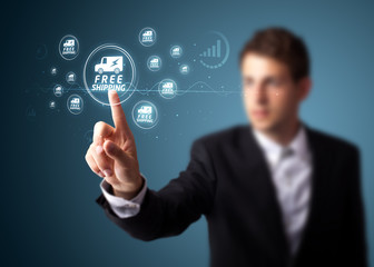 Businessman pressing virtual promotion and shipping type of icon